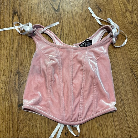Hot Topic Pink Velvet Lace Up Crop Corset Size Medium Gothic sleeveless - Picture 4 of 9